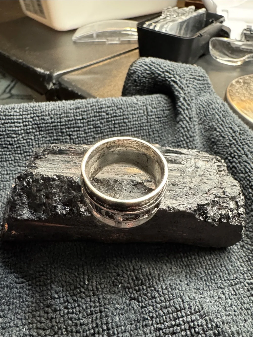 Sterling-Look Silver Band Ring with Blue Opal Accent
